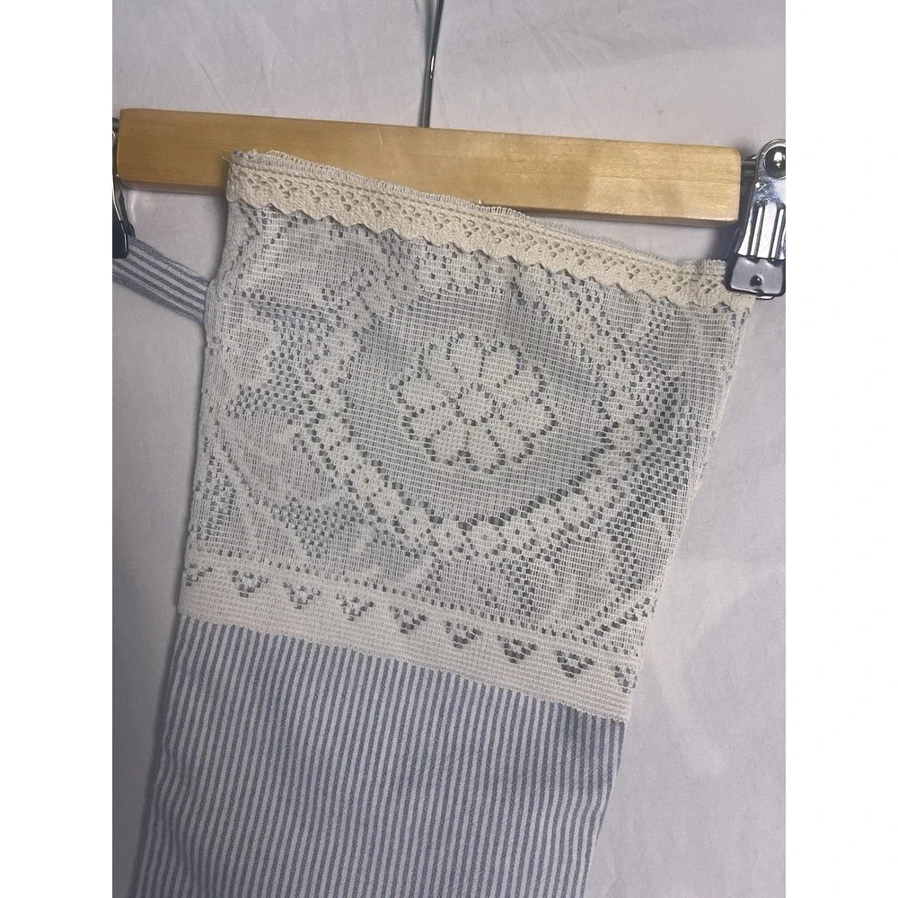 Handmade linen blend blue striped lace VTG style cuff Christmas stocking
